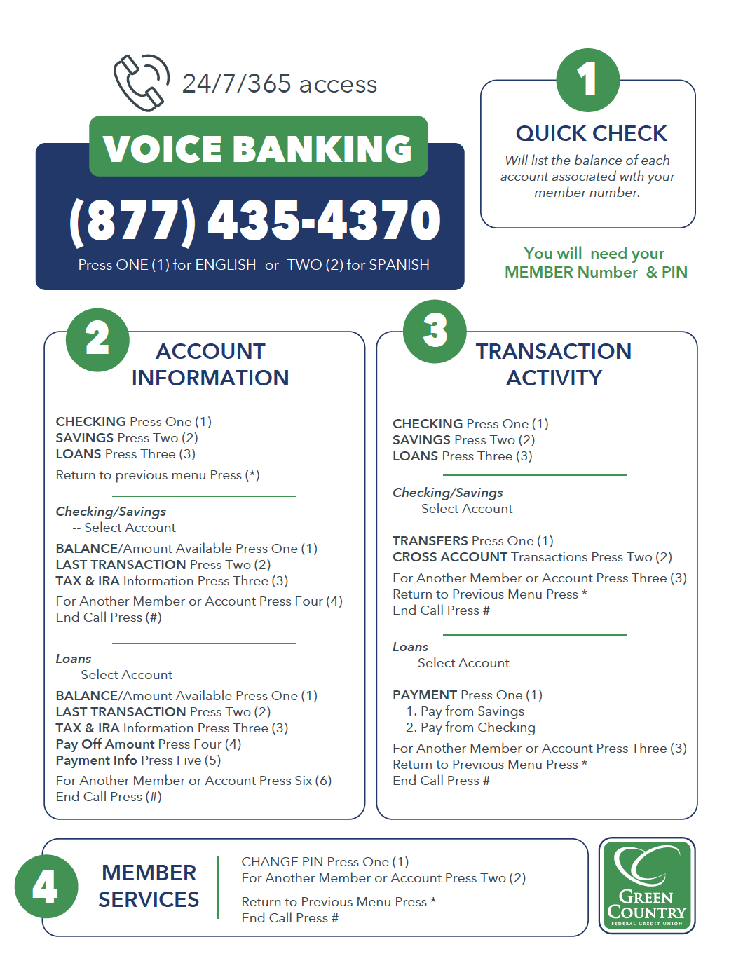 Voice Banking Menu → Green Country Federal Credit Union Green Country FCU Voice Banking Menu