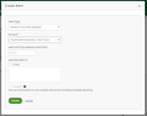 account details create alert with options selected → Green Country Federal Credit Union To set an alert inside online banking with Green Country FCU selected which alert youd like then the acocunt you want the alert to apply to and the method of delivery text or email