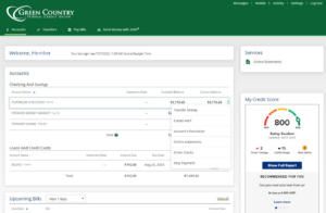 dashboard member with 3 dots option showing → Green Country Federal Credit Union Online Banking Dashboard with 3 dots exposed menu for actions
