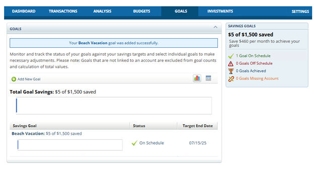 Goal Tracking inside Money Manager in Online Banking Easily see your financial targets status