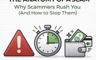 Square blog header graphic with the title The Anatomy of a Scam Why Scammers Rush You And How to Stop Them above icons of a warning symbol clock and wallet with cash representing scam urgency and financial risk