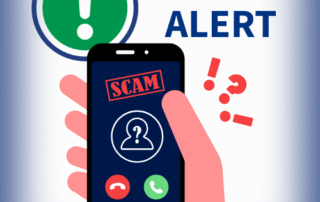 Member alert graphic showing a hand holding a smartphone labeled Scam with a large green warning symbol and red question marks highlighting a phone fraud warning