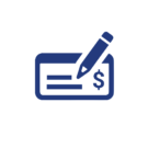 Blue editing icon: a pencil writing on a sheet inside a rounded blue square, symbolizing edit