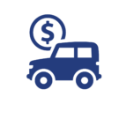 Blue car icon with a dollar sign coin, representing car financing or a auto loan option.